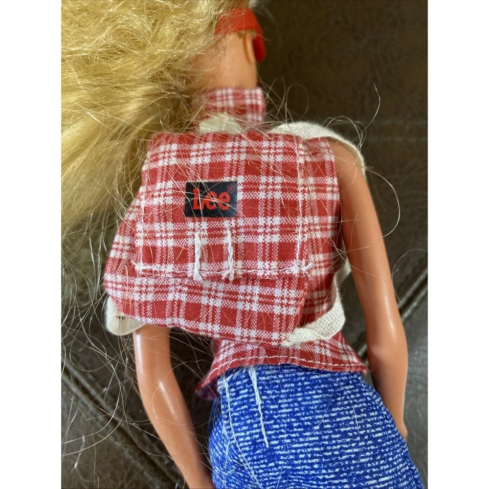 Vintage 1966 Malaysia‎ Barbie Blonde 1995 Lee Jeans Red Gingham Backpack Visor